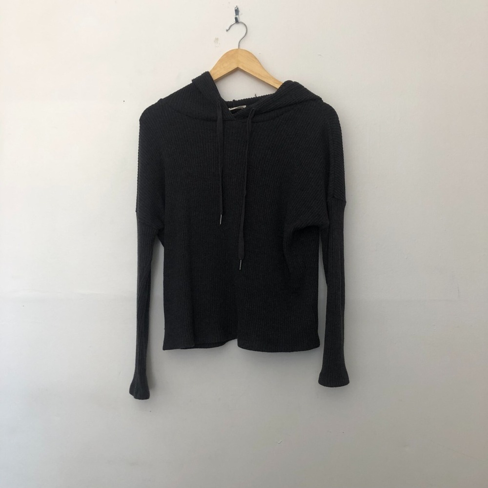 Lett Bari Ribbed Drawstring Loungewear Cozy Hoodie‎ Charcoal Grey Size Medium